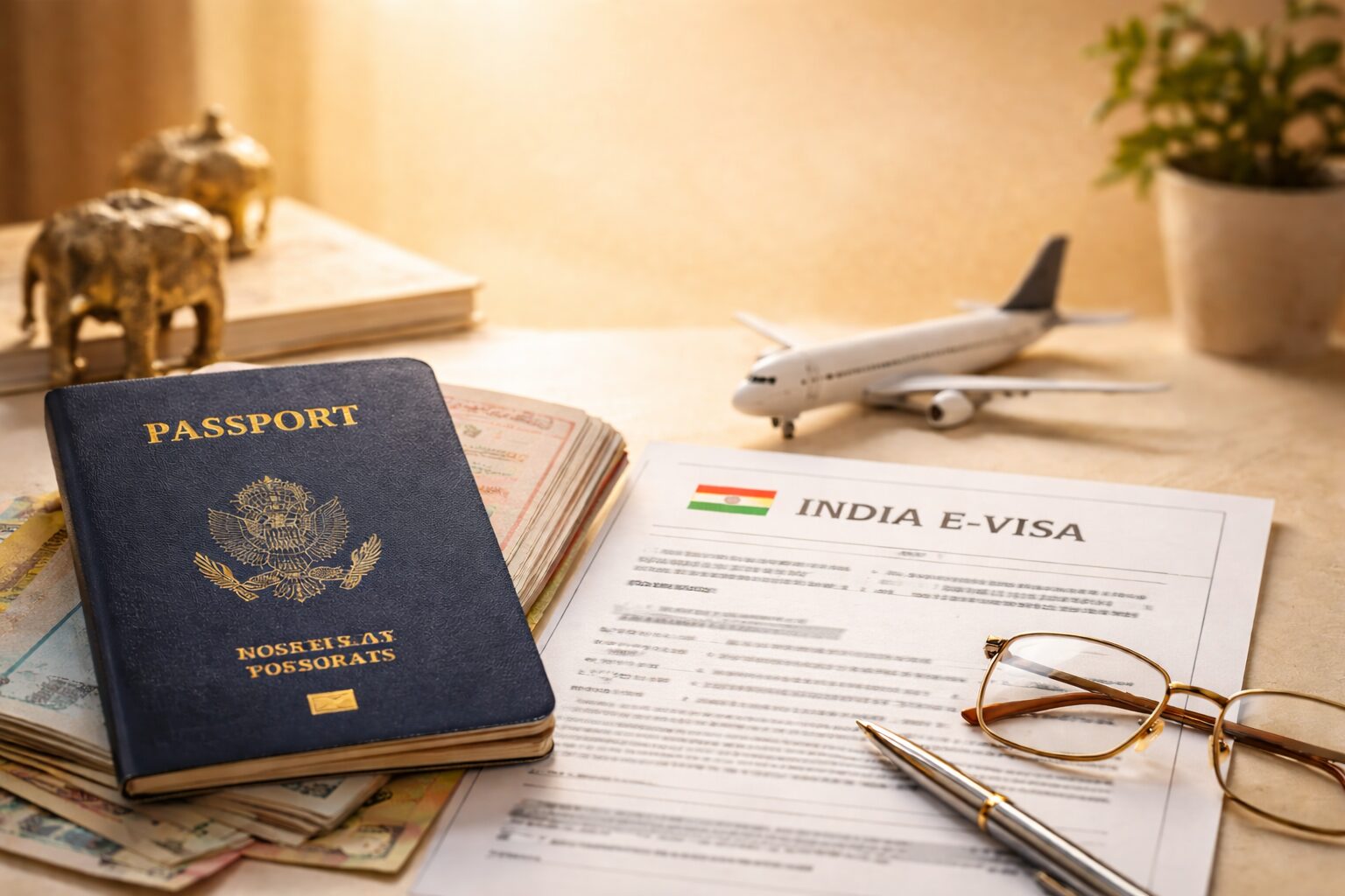 India e-Visa travel documents with passport and boarding essentials on a golden background