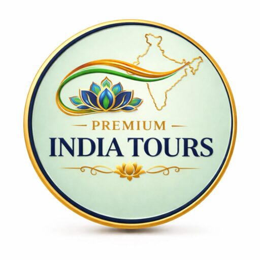 Premium India Tours logo with lotus flower, India map outline, and tricolor wave in gold and blue circular emblem
