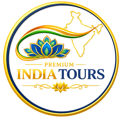 Premium India Tours logo with lotus flower, India map outline, and tricolor wave in gold and blue circular emblem