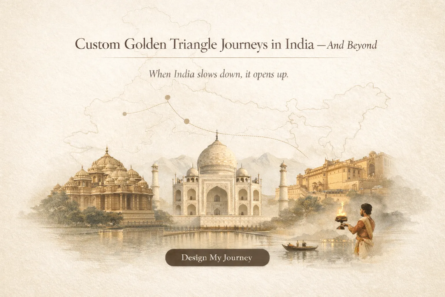 Illustration of Akshardham Temple, Taj Mahal, and Amber Fort set against a subtle map of India, representing a custom Golden Triangle journey.