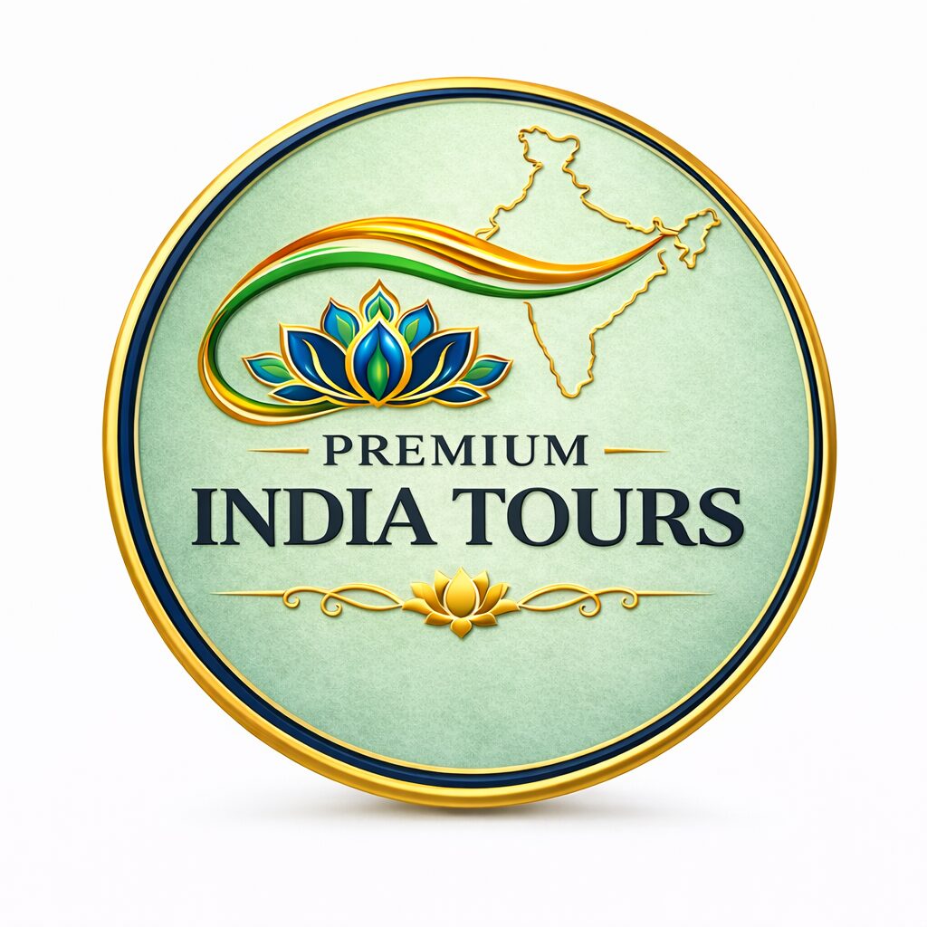 Premium India Tours logo with lotus flower, India map outline, and tricolor wave in gold and blue circular emblem