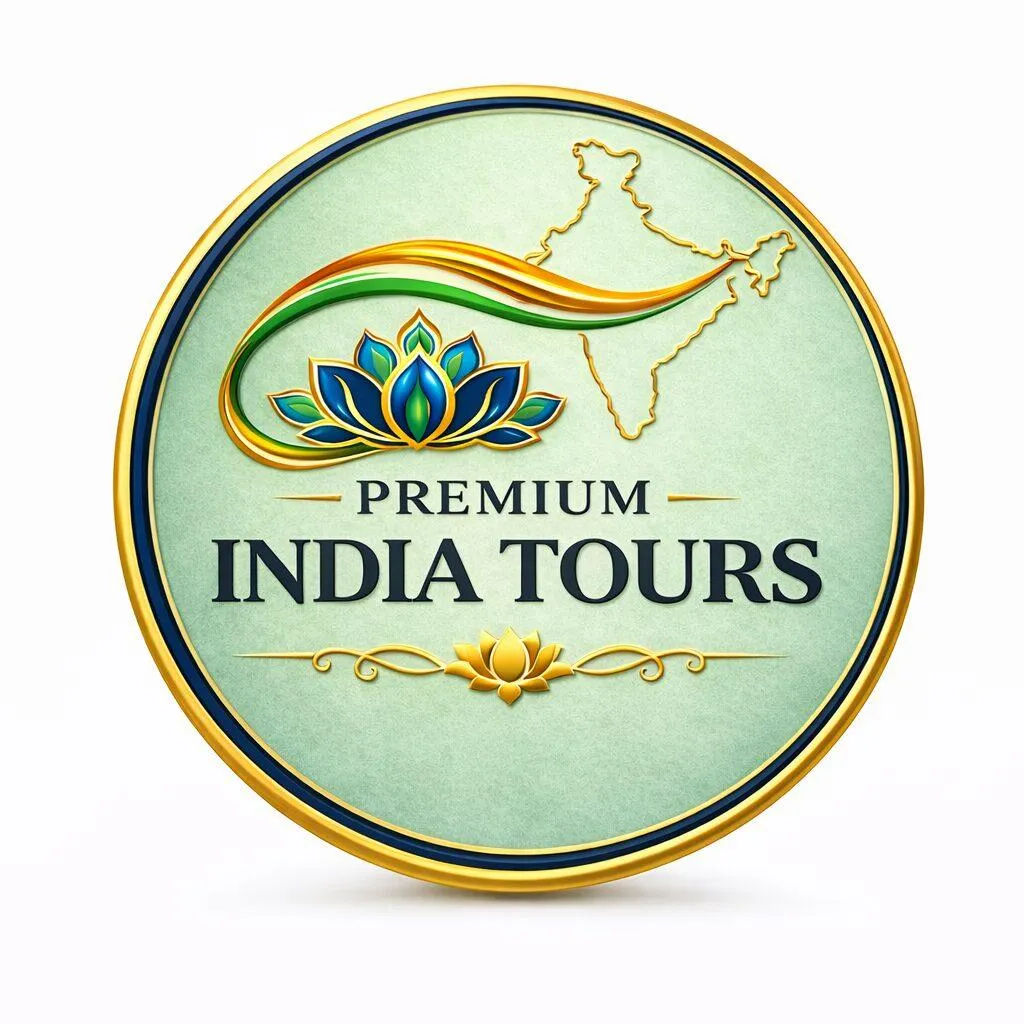 Premium India Tours logo with lotus flower, India map outline, and tricolor wave in gold and blue circular emblem