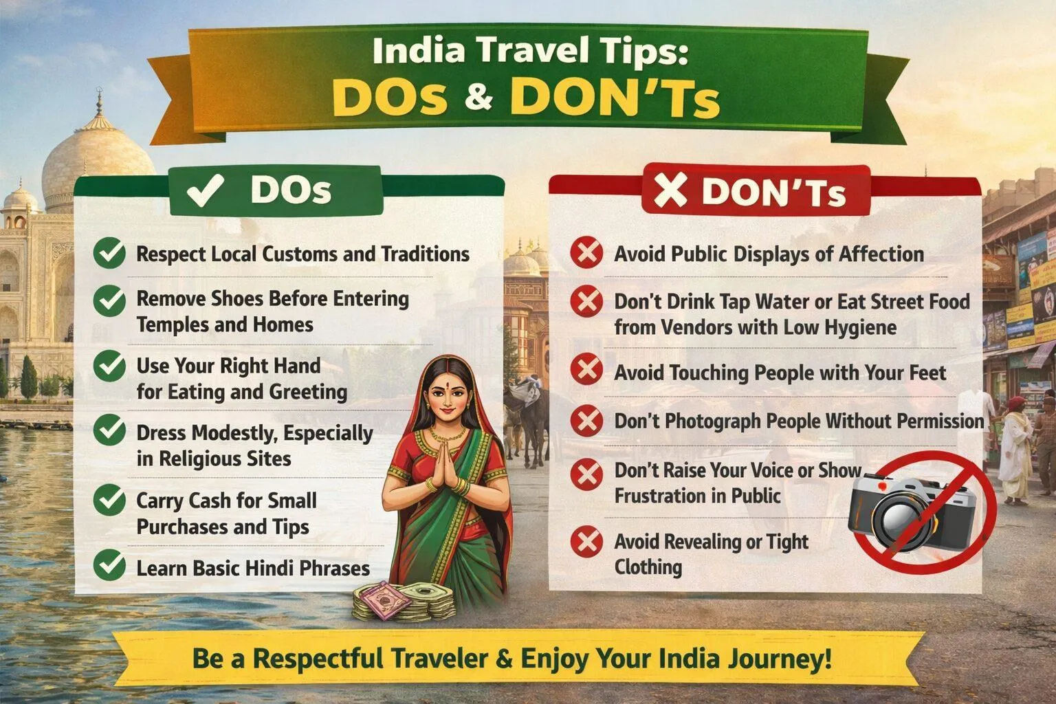 India travel tips infographic showing important do's and don'ts for visitors including respecting local customs, dressing modestly, and avoiding public displays of affection.