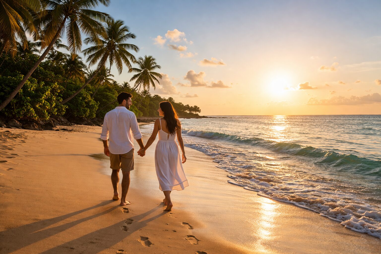 Couple walking on a South Goa beach at sunset
