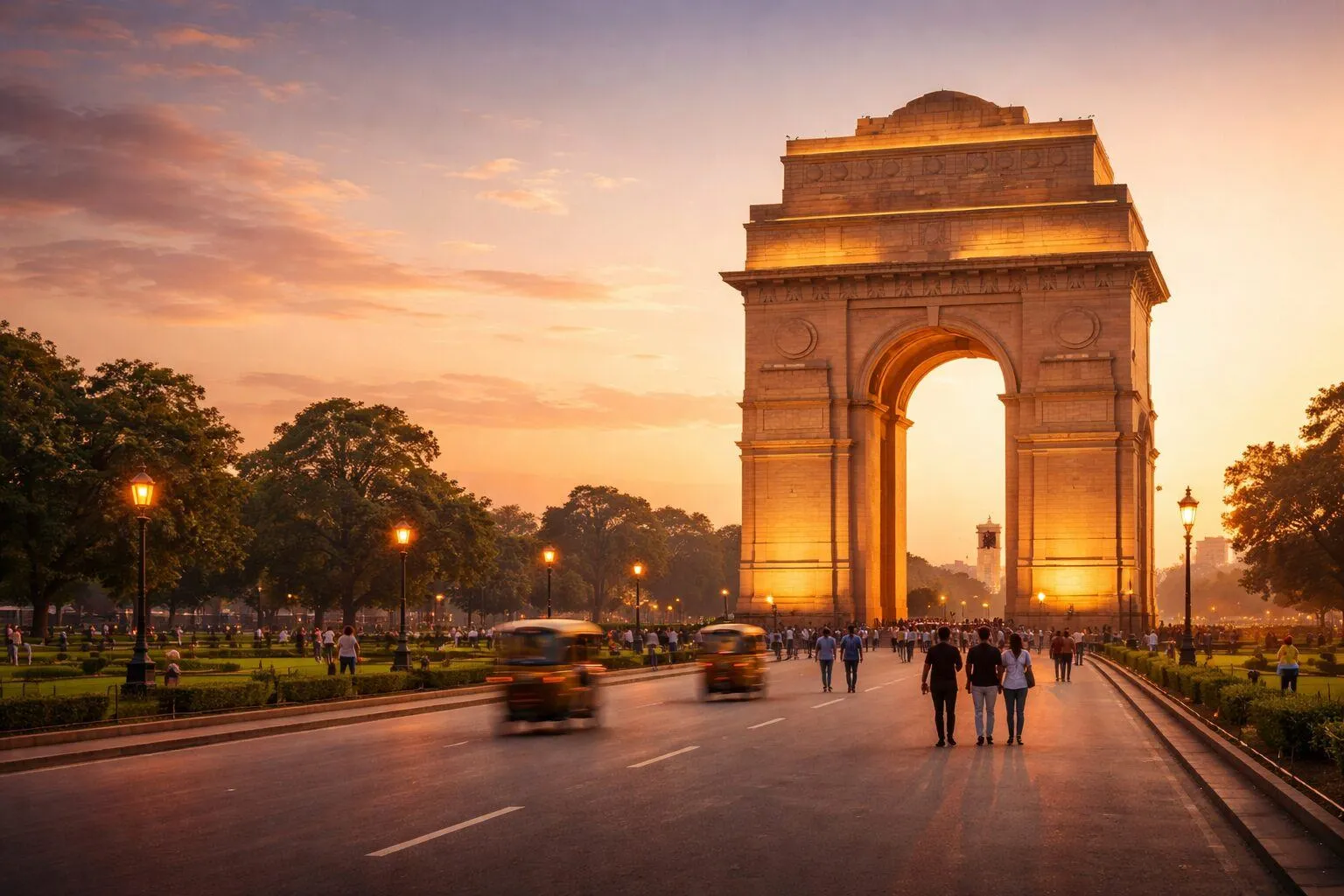 India Gate at sunset with people walking and traffic in New Delhi during a sightseeing tour