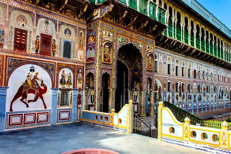Colorful painted havelis in Mandawa, Rajasthan showcasing traditional fresco artwork