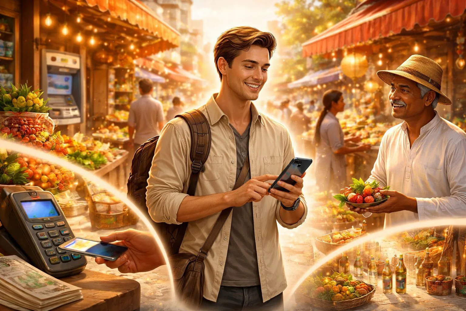 Traveler using mobile payment and communicating with a local vendor in a busy market while managing money and navigation