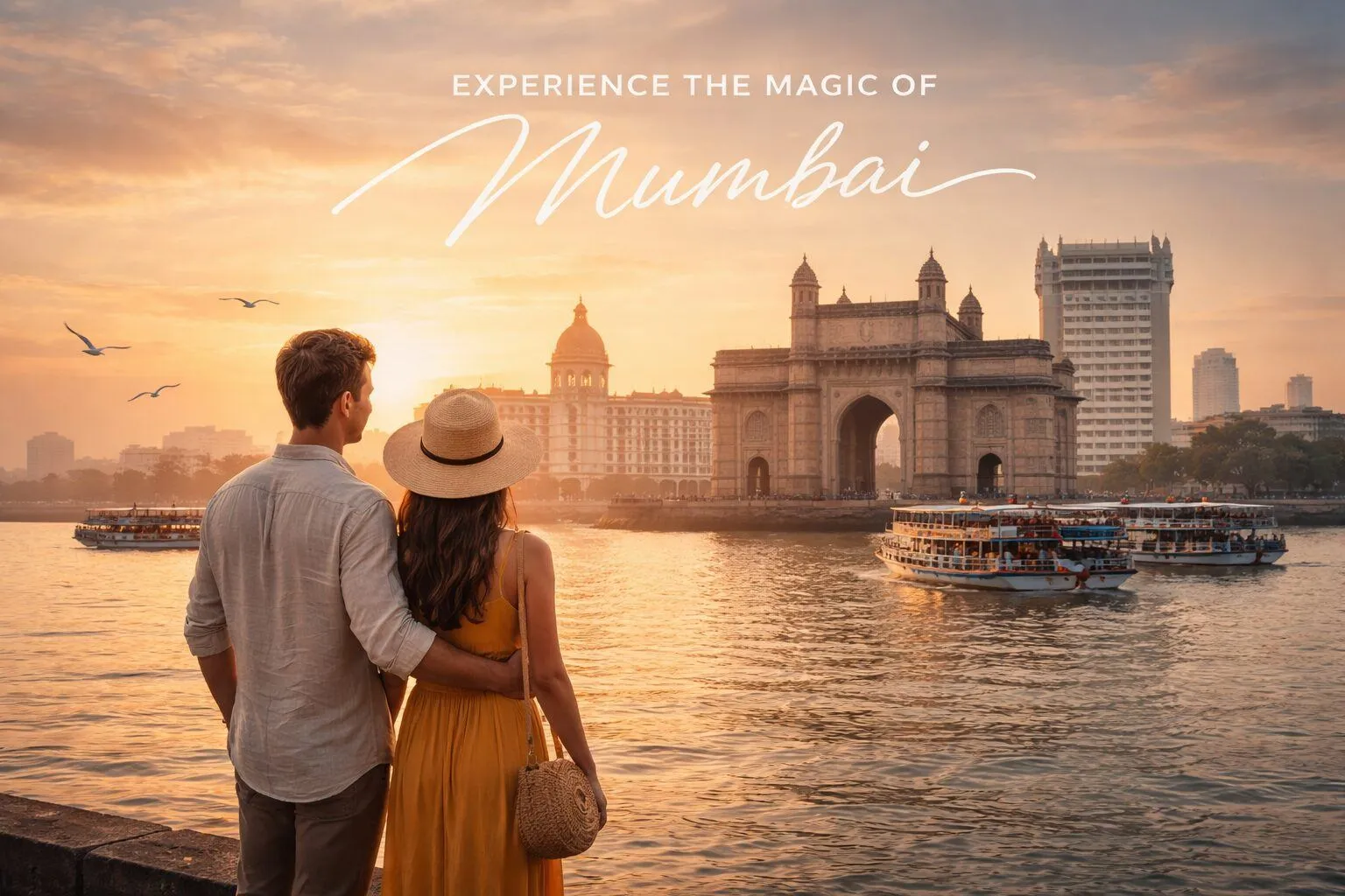 Couple enjoying sunrise at Gateway of India during a private Mumbai sightseeing tour