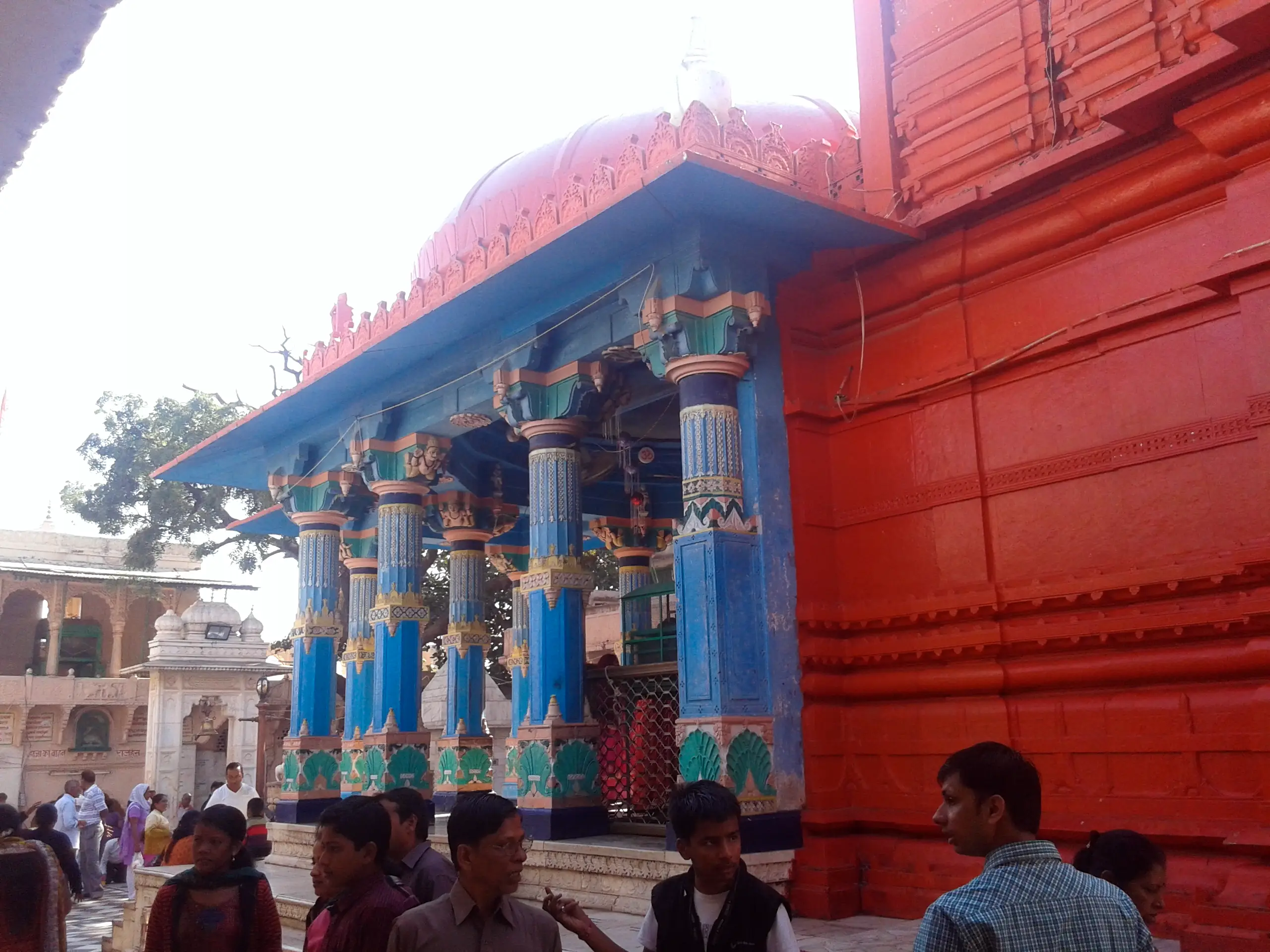 Brahma Temple in Pushkar with devotees and traditional Rajasthani architecture
