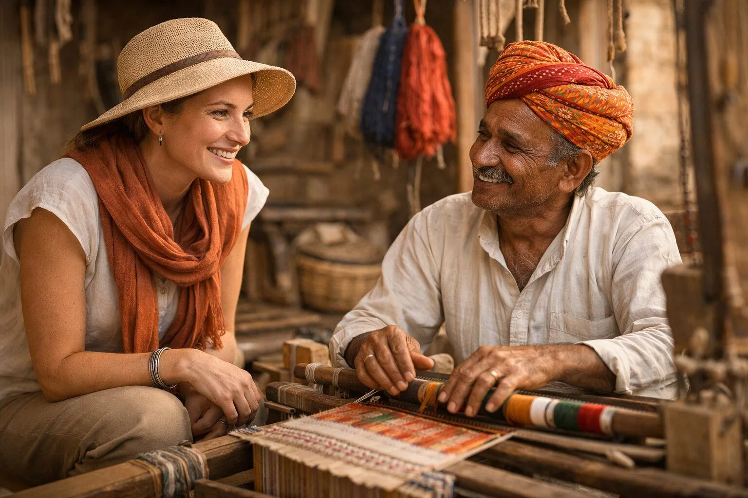 Traveler interacting with Indian artisan in traditional workshop highlighting sustainable tourism and support for local communities