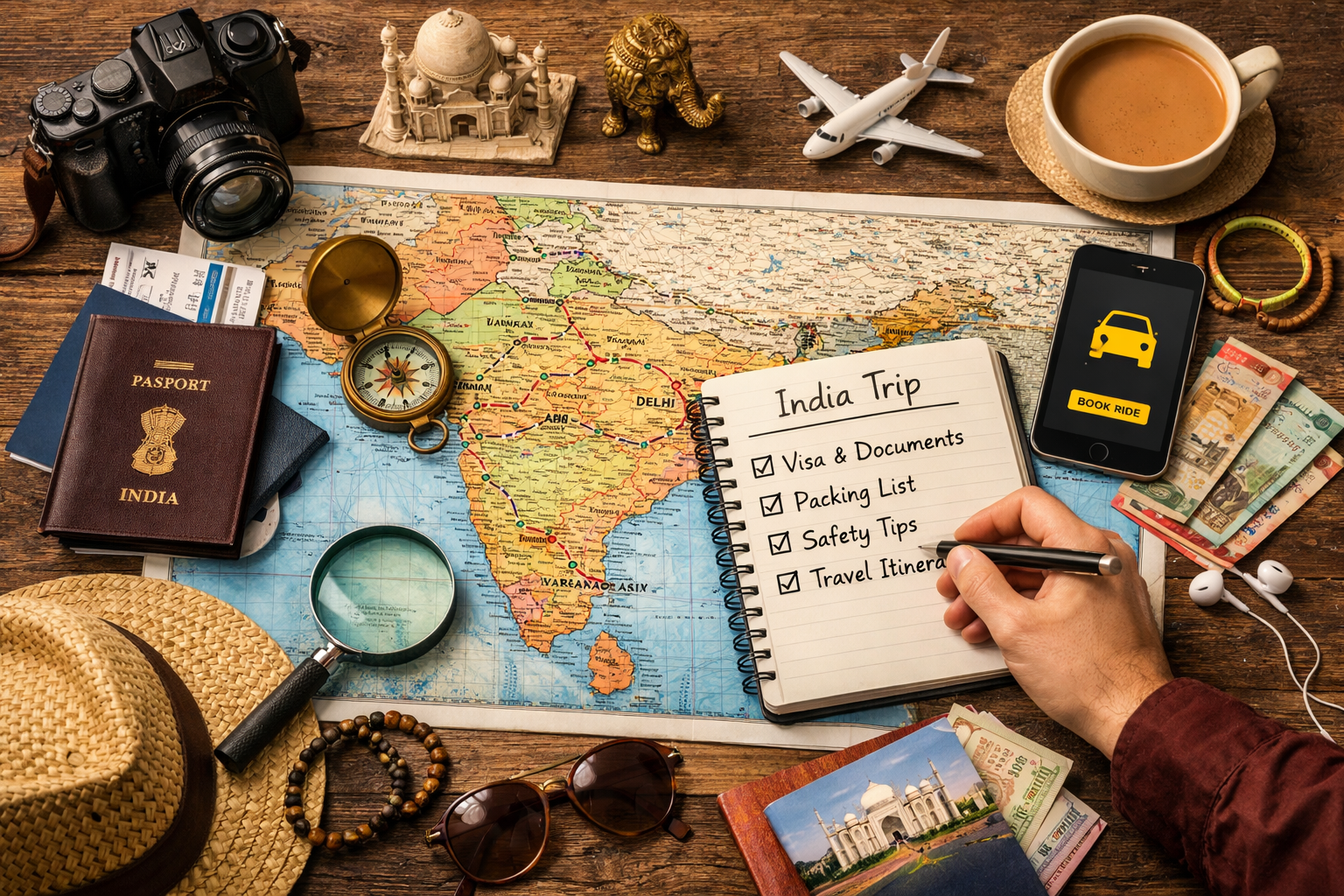 Travel planning essentials with passport, map and camera for India trip preparation