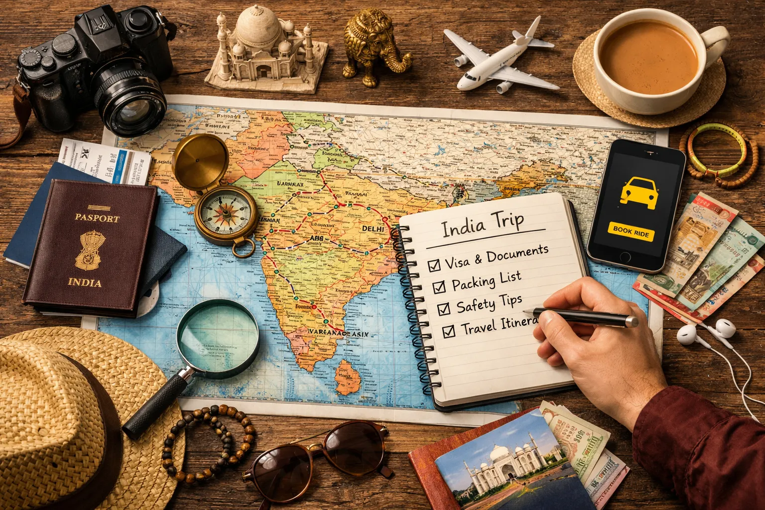Travel planning essentials with passport, map and camera for India trip preparation