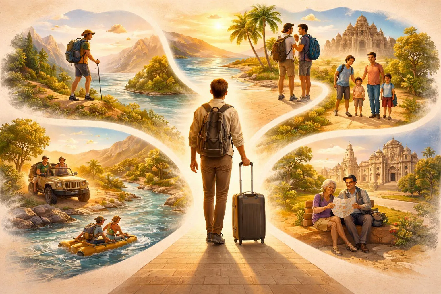 Travelers exploring different travel styles including solo, couple, family, adventure and senior journeys in one scenic landscape