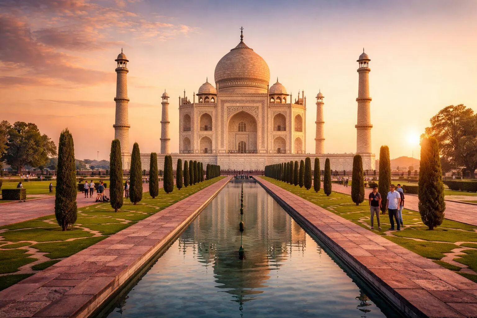 Taj Mahal at sunrise with reflection in water and visitors during Agra sightseeing tour