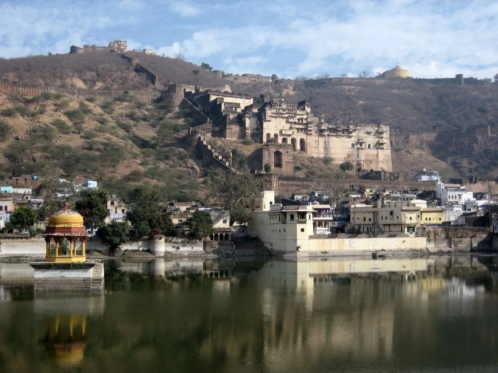 Bundi Palace Rajasthan ornate walls and murals overlooking Bundi town