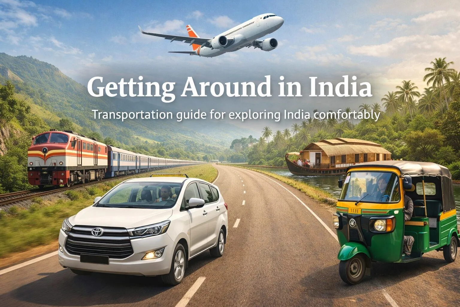 Getting around in India with different transportation options including train, airplane, private car, auto-rickshaw, and houseboat.