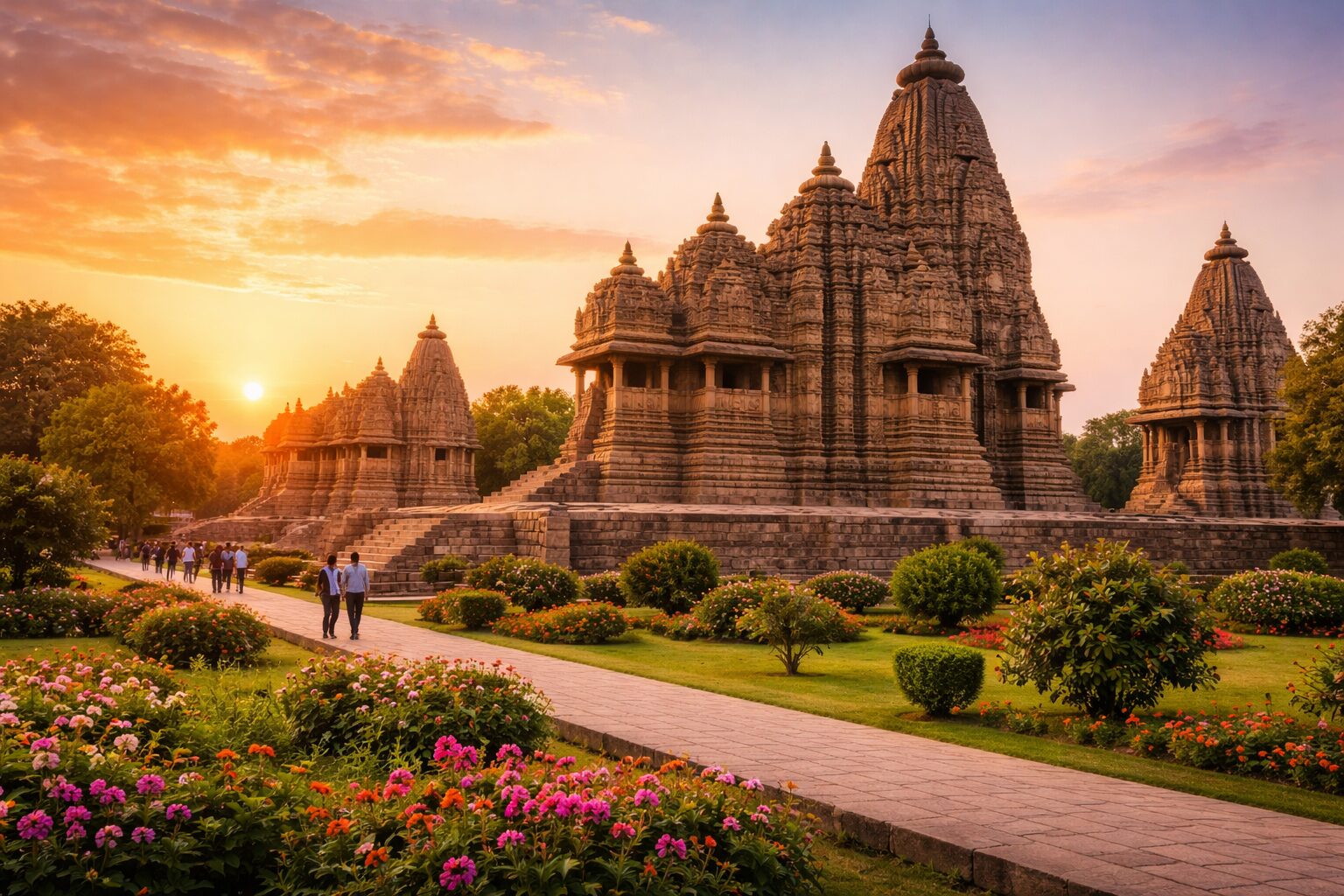 Khajuraho Temple complex in Madhya Pradesh India with intricate carvings and ancient architecture