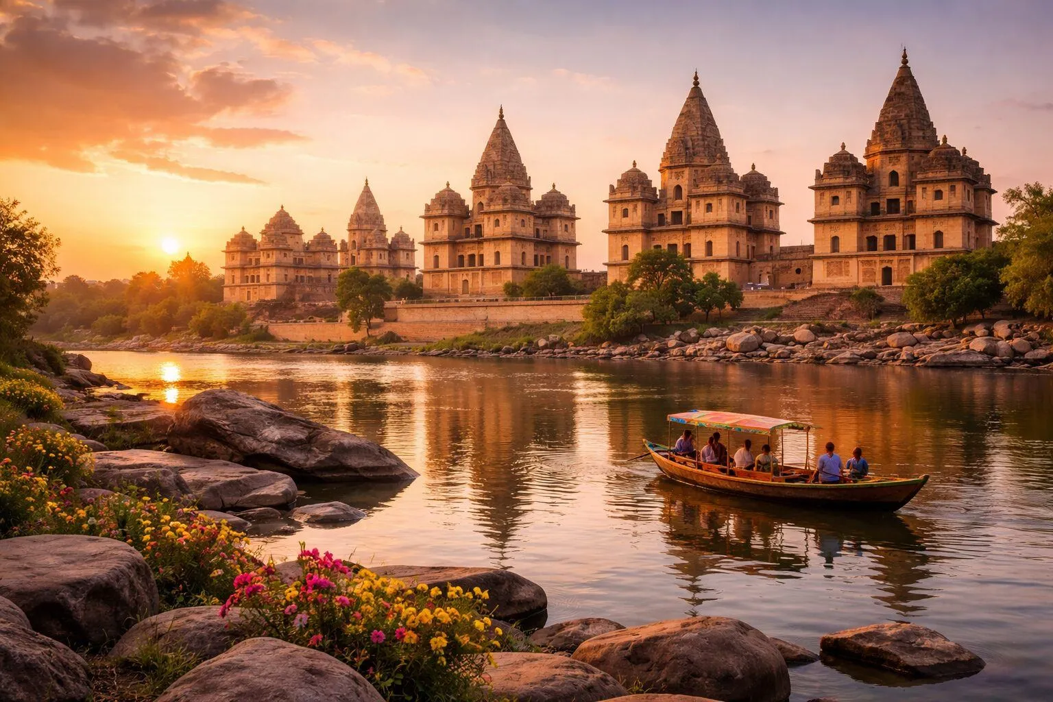 Orchha cenotaphs reflected in Betwa River at sunset with boat and historic architecture