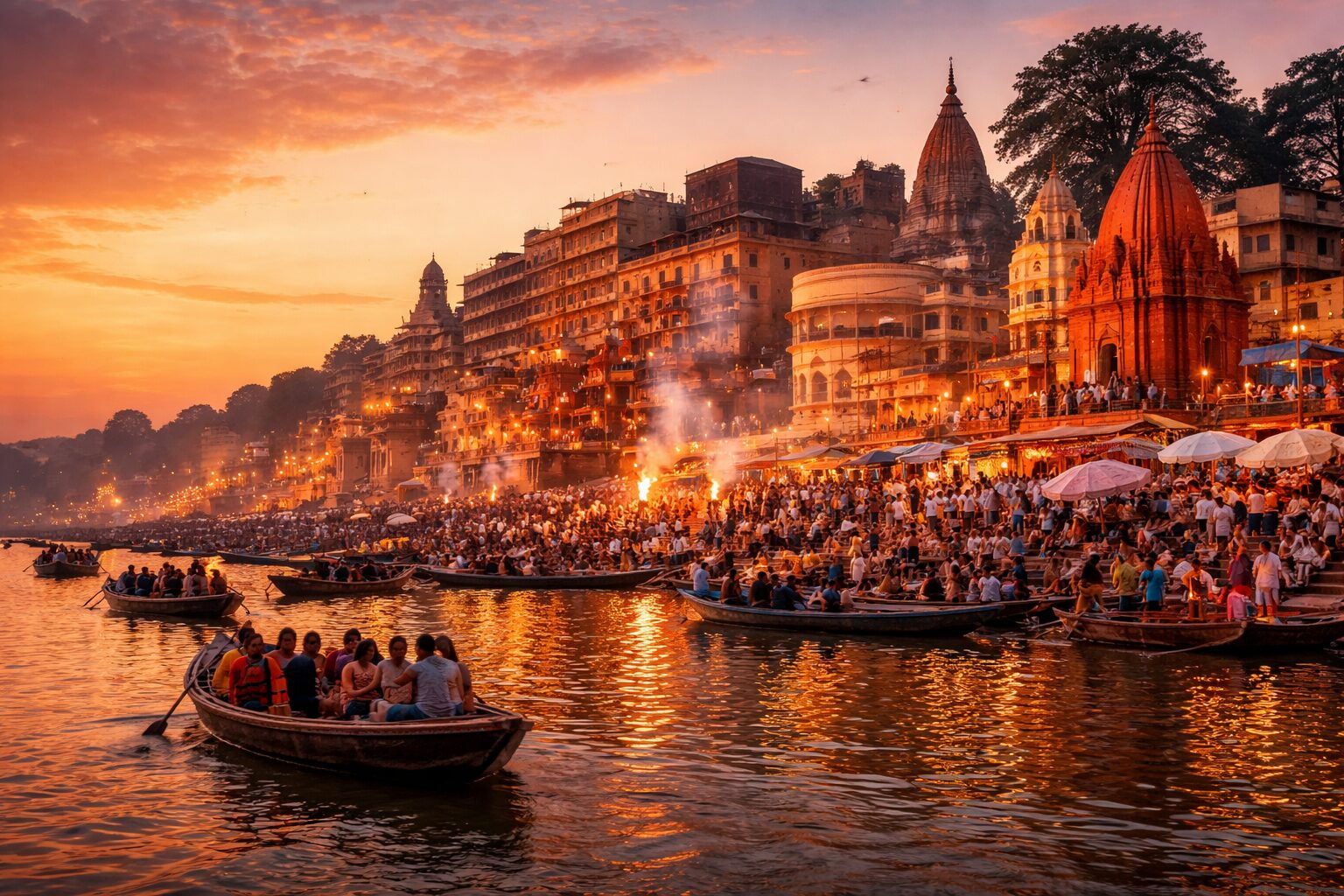 Ganga Aarti ceremony at Varanasi ghats with boats and evening lights on the Ganges River