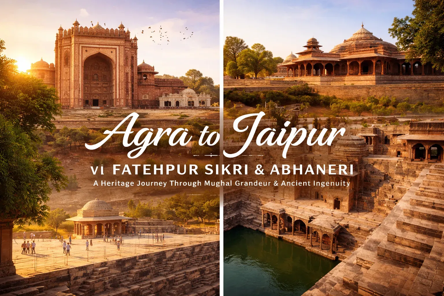 Agra to Jaipur via Fatehpur Sikri and Abhaneri stepwell showing Buland Darwaza and Chand Baori split view