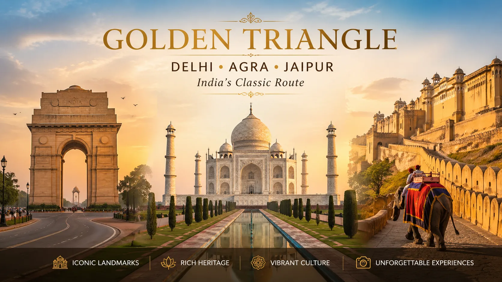 Golden Triangle India travel route featuring Taj Mahal in Agra, Amber Fort in Jaipur, and India Gate in Delhi