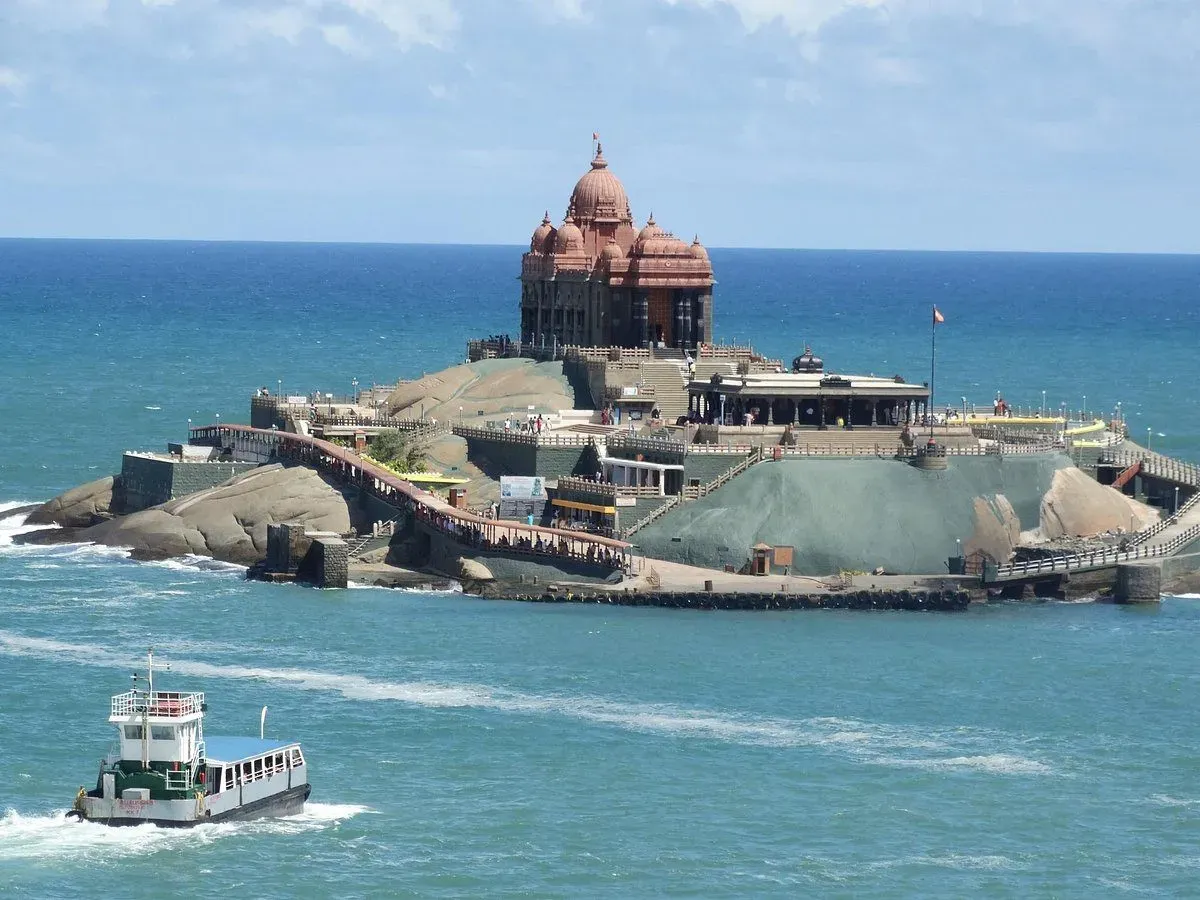Vivekananda Rock Memorial Kanyakumari surrounded by ocean, located on rocky island with ferry access and scenic sea view