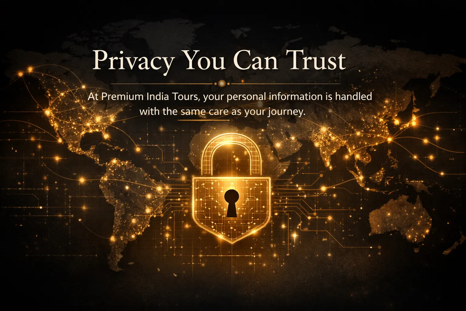 Privacy policy banner with world map, secure lock icon, and global travel data protection concept