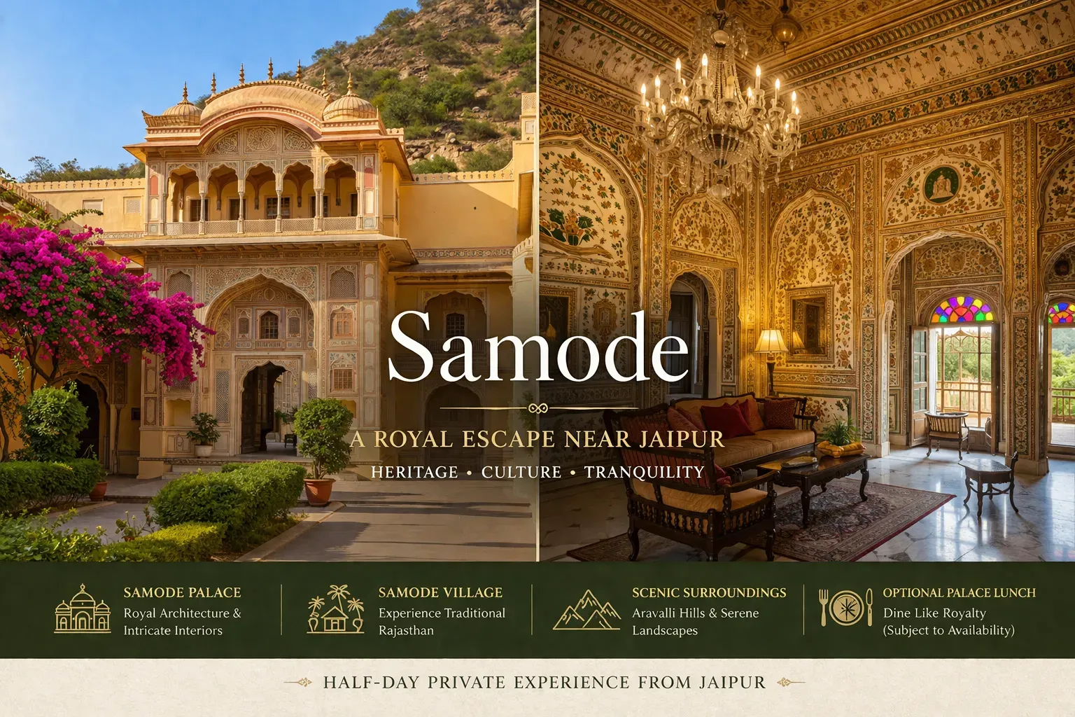 Samode Palace near Jaipur with royal interiors and heritage architecture luxury half day tour