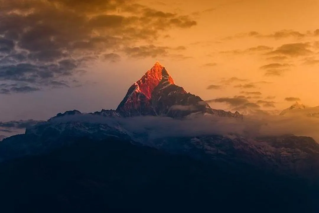 Sarangkot sunrise over Annapurna range Pokhara Nepal scenic view