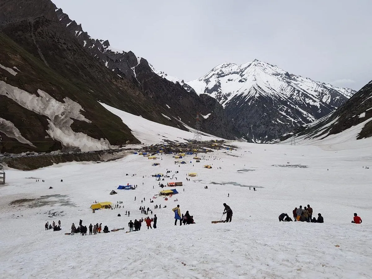 Snow covered landscape at Sonmarg Zero Point with Himalayan mountains and glaciers in Kashmir
