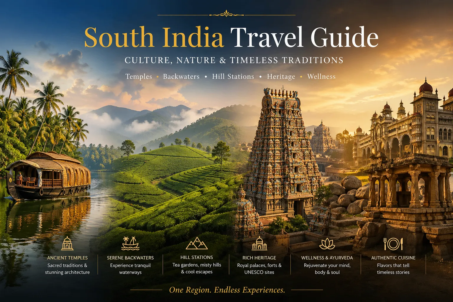 South India travel guide featuring Kerala backwaters houseboat, Munnar tea plantations, Tamil Nadu temple and Hampi heritage landscape