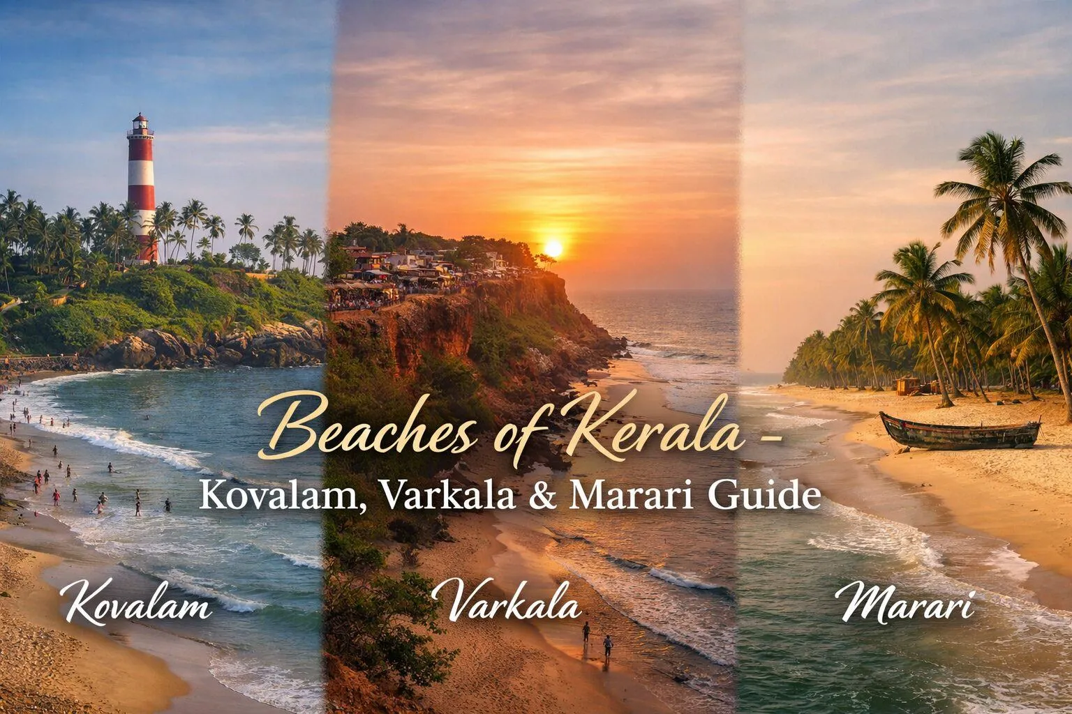 Kerala beaches guide showing Kovalam lighthouse beach, Varkala cliff and Marari beach coastline