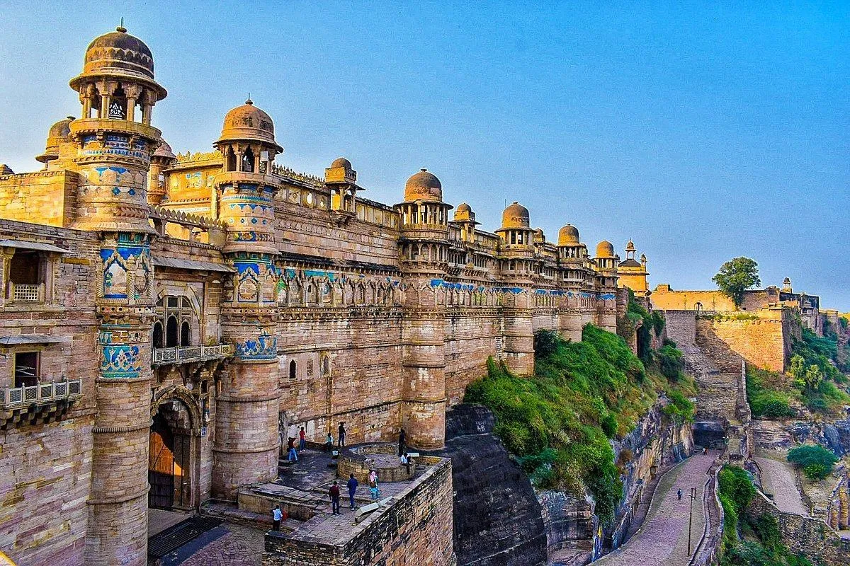 Historic Gwalior Fort on hilltop in Madhya Pradesh India showing ancient stone architecture
