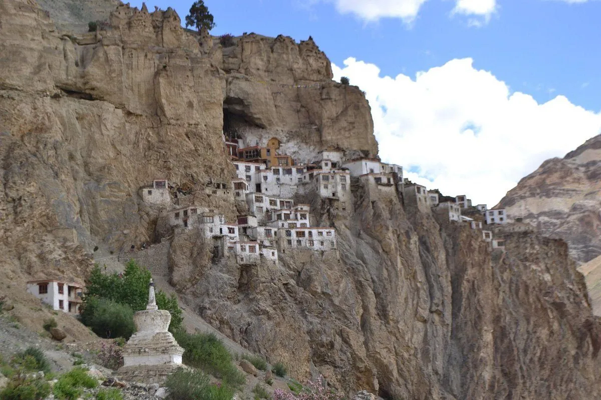 Ancient Phugtal Gompa monastery built into a cliffside in the remote Zanskar Valley of Ladakh