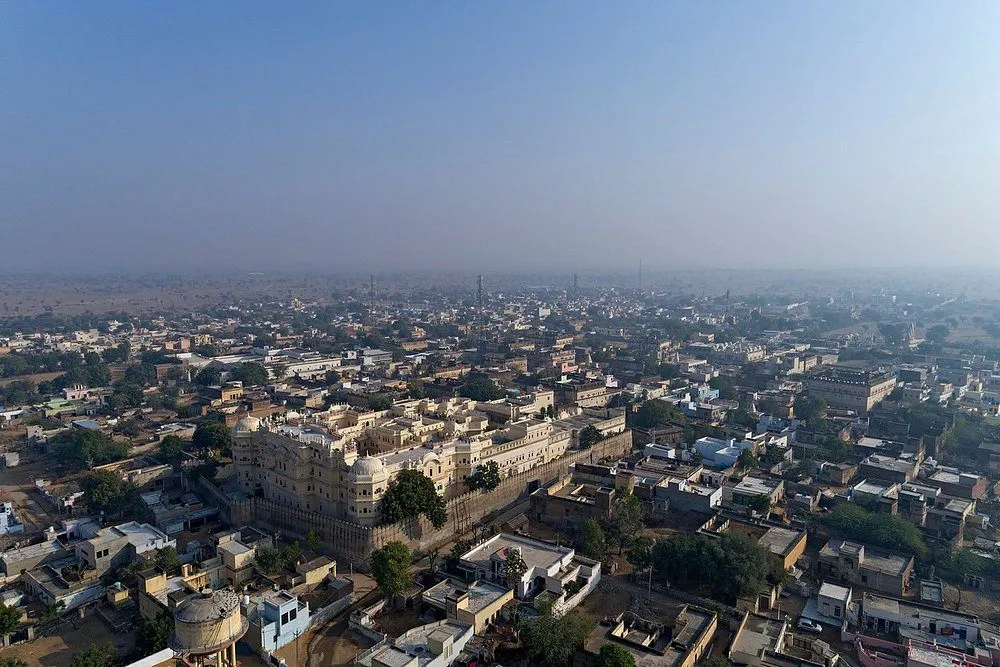 Aerial view of Alsisar Mahal and the historic town of Alsisar in Rajasthan's Shekhawati region