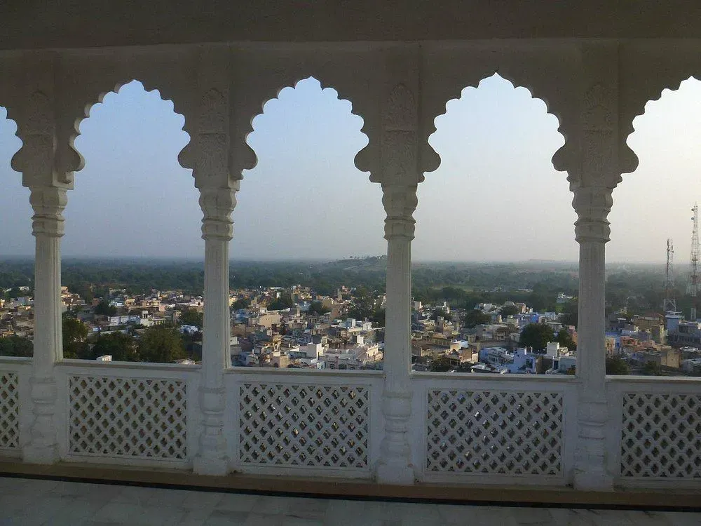 Panoramic view of Sardargarh town and the Aravalli countryside from Sardargarh Fort in Rajasthan